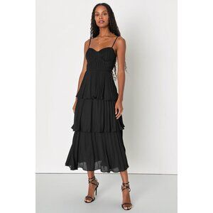 Lulus Cascading Crush Black Tiered Bustier Midi Dress - Size XL